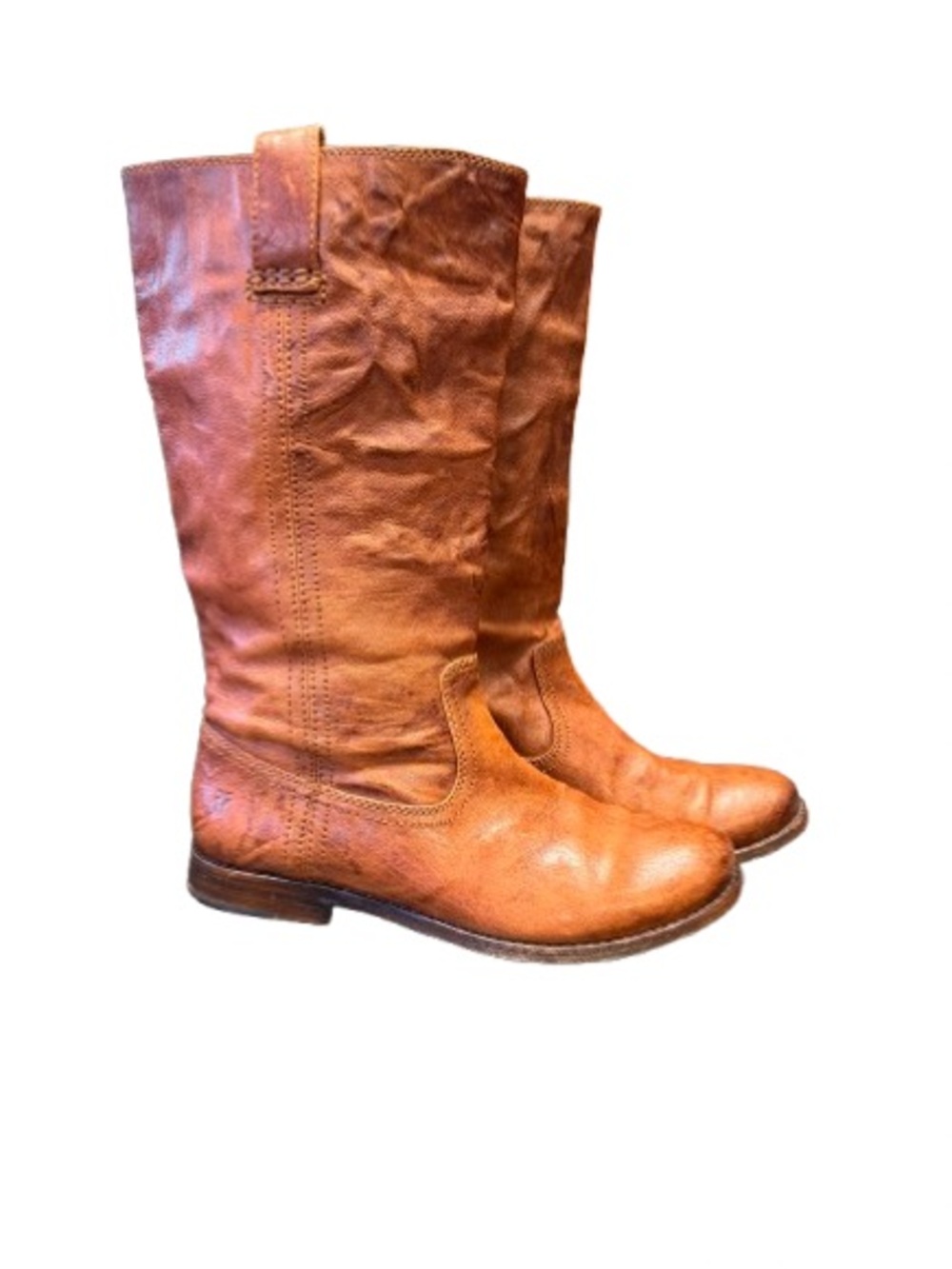 Frye Anna Cognac Brown Leather Mid Calf Riding Boots Women’s 7M Distressed